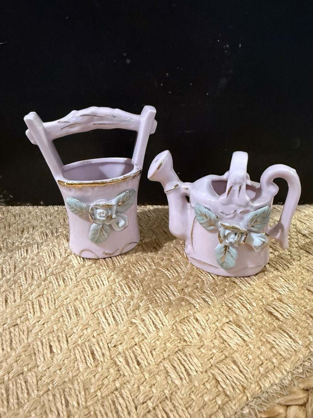VTG Sterling China Japan Pink Ceramic Wishing Well and Watering Can Planter Set